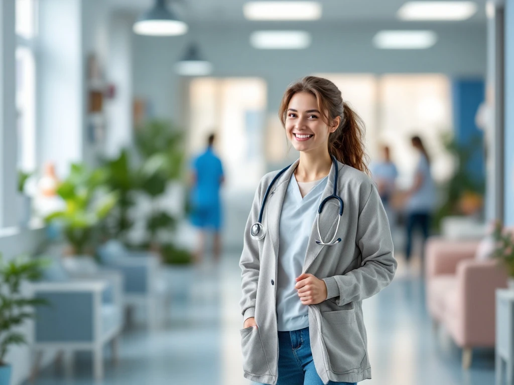 Jonge volwassene stapt enthousiast zorgomgeving binnen, begroet door mentor, symbool voor carrièrestart via Aethon.nl.