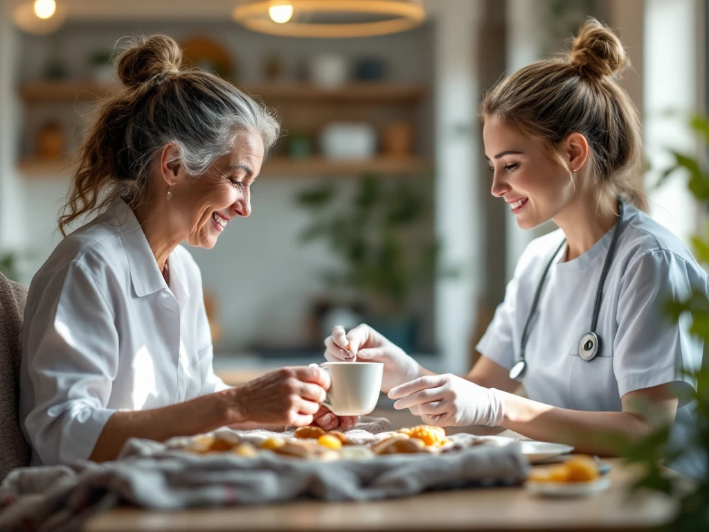 Twee zorgverleners helpen een oudere cliënt; Helpende geeft persoonlijke zorg, Verzorgende IG medische ondersteuning.