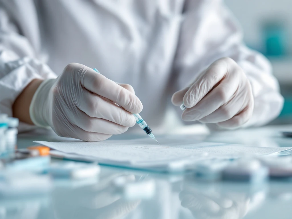 Close-up van een verzorgende Helpende die zorgvuldig een injectie voorbereidt in een professionele, hygiënische omgeving.