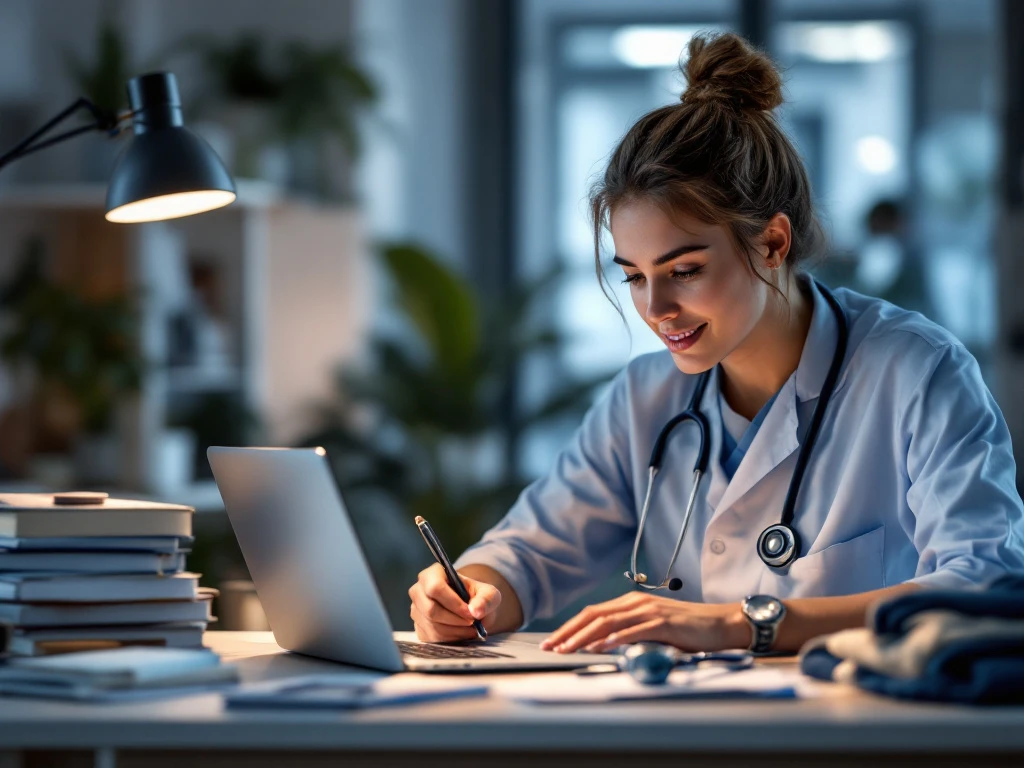 Jonge zorgprofessional studeert aan bureau met laptop, boeken en zorgitems, in warme, professionele sfeer.