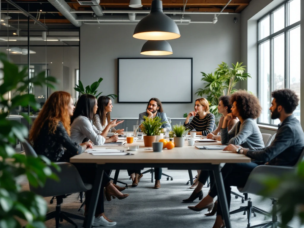 Professionele kantooromgeving met diverse medewerkers in overleg, symboliek van talenttekort en groeikansen.