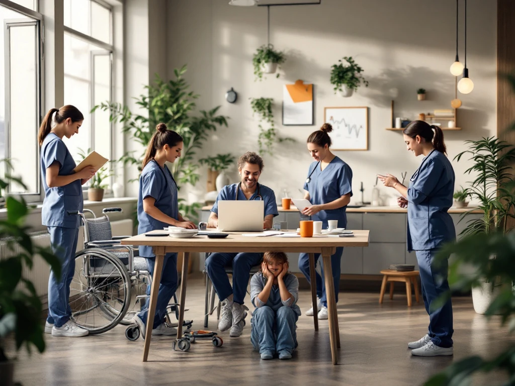 Zorgprofessionals in moderne werkomgeving met flexibele werkvormen; rustige sfeer, oranje-blauwe merkaccenten van Aethon.