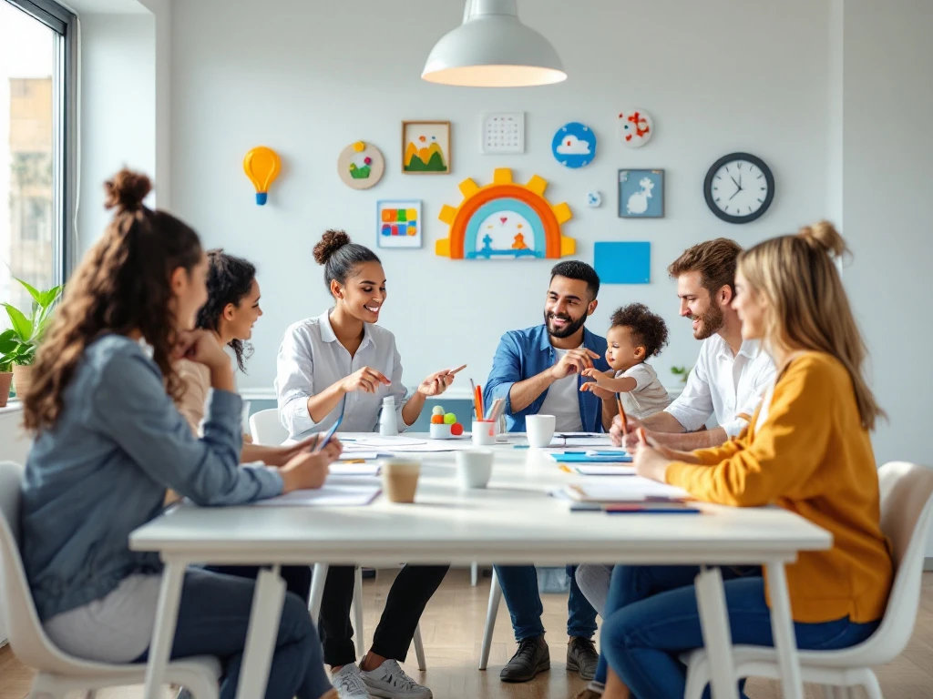 Pedagogisch medewerkers divers in overleg tijdens trainingssessie, moderne ruimte, educatief speelgoed op achtergrond.