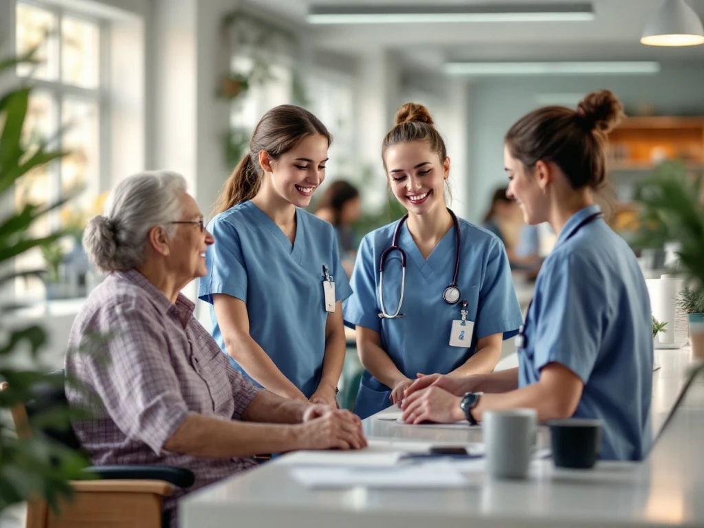 Studenten in zorgomgeving helpen ouderen, werken met apparatuur en administratie, in lichte, moderne sfeer bij Aethon.nl.