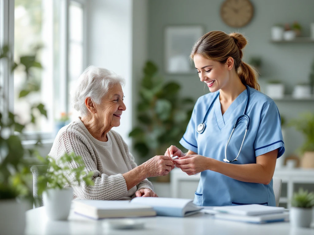 Vriendelijke verpleegkundige geeft medicatie aan oudere patiënt in lichte, professionele zorgomgeving met medische details.