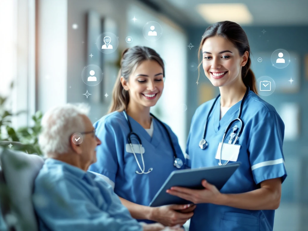 Verpleegkundige helpt oudere patiënt in helder ziekenhuis, symbolen tonen zorg, ethiek en patiëntveiligheid.