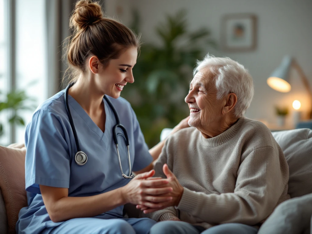 Zorgverlener (Verzorgende IG) communiceert vriendelijk met oudere cliënt in comfortabele, professionele zorgomgeving.