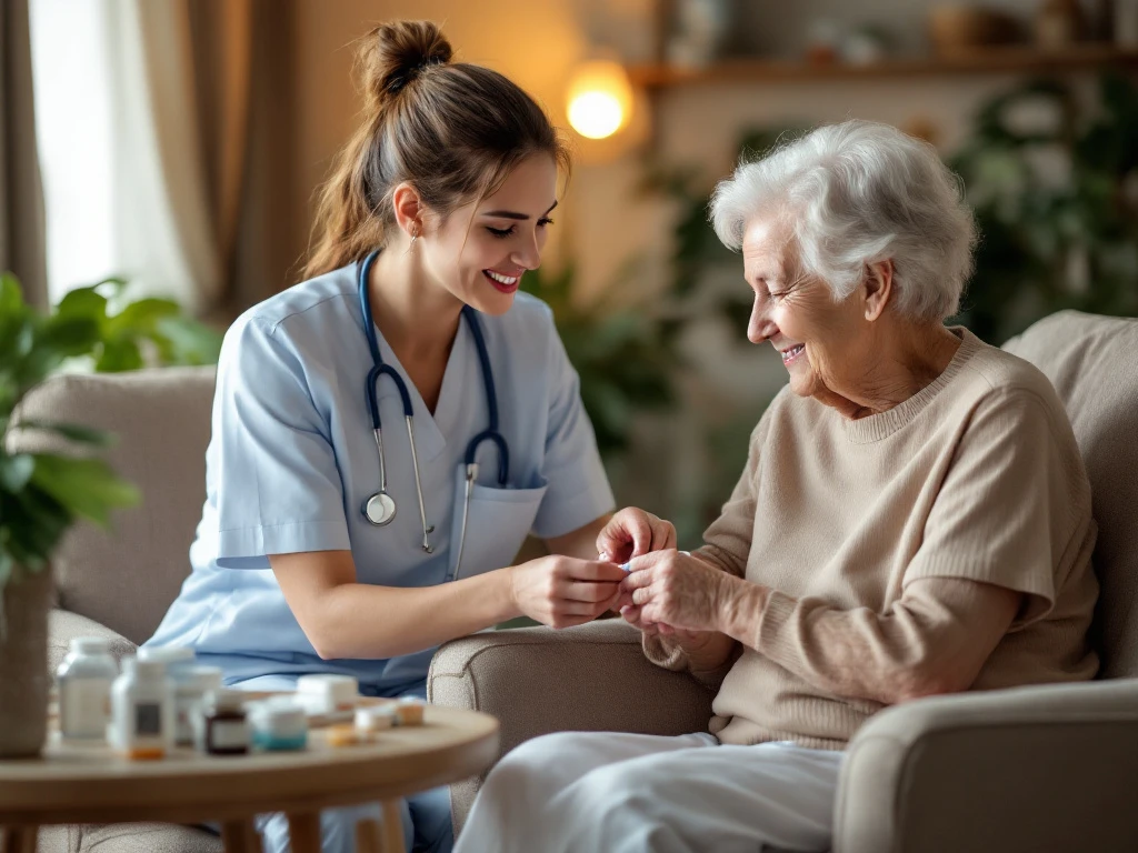 Zorgverlener helpt oudere vrouw met medicatie in comfortabele, warme zorgomgeving met medische hulpmiddelen nabij.