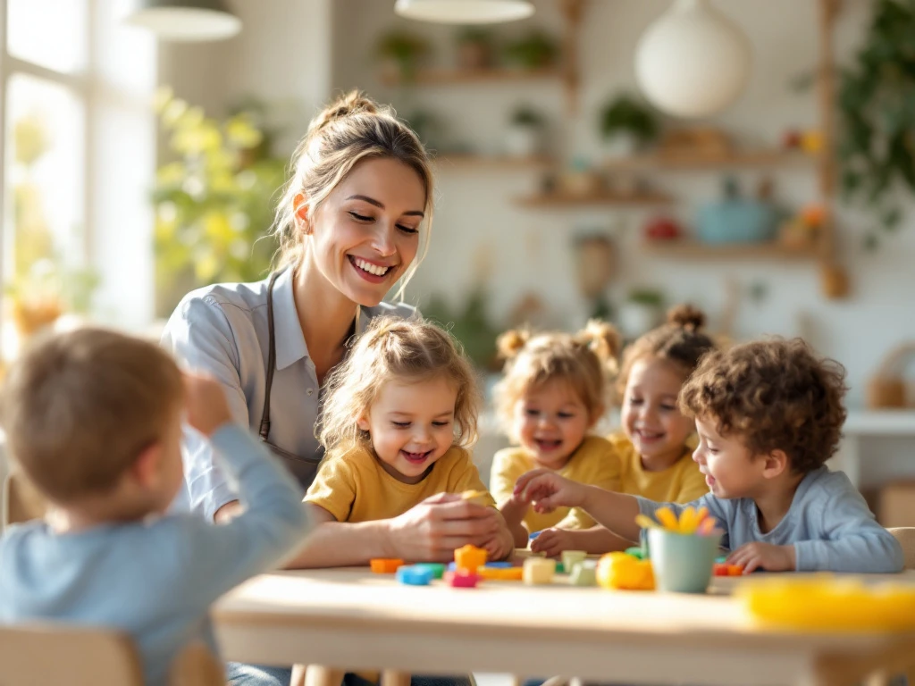 Vrolijke kinderopvang met lachende medewerker en spelende kinderen, lichte ruimte, ontspannen sfeer en professioneel ingericht.