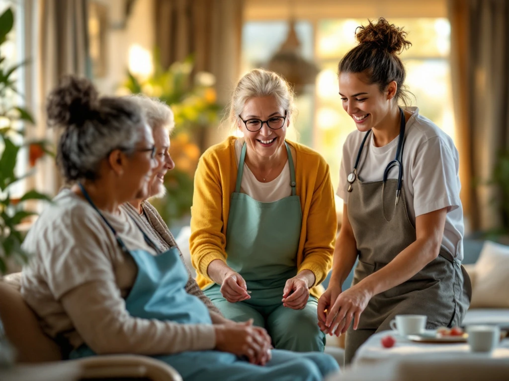 Groep diverse zorgmedewerkers helpt ouderen in warme, uitnodigende zorgomgeving met vriendelijke en empathische sfeer.