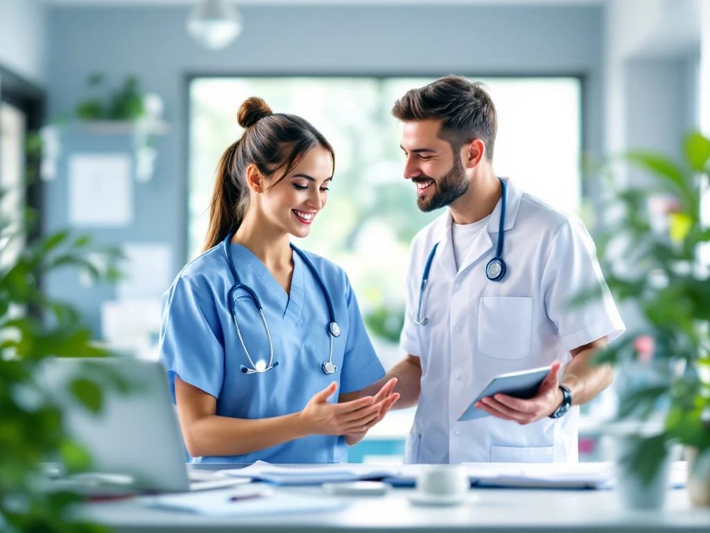 Jonge zorgprofessional leert praktisch van mentor in moderne medische omgeving met apparatuur, rustige blauw-groene tinten.