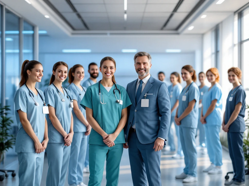 Twee groepen zorgprofessionals: links tijdelijk team in uniforme kleding, rechts ZZP'ers verschillend georganiseerd.