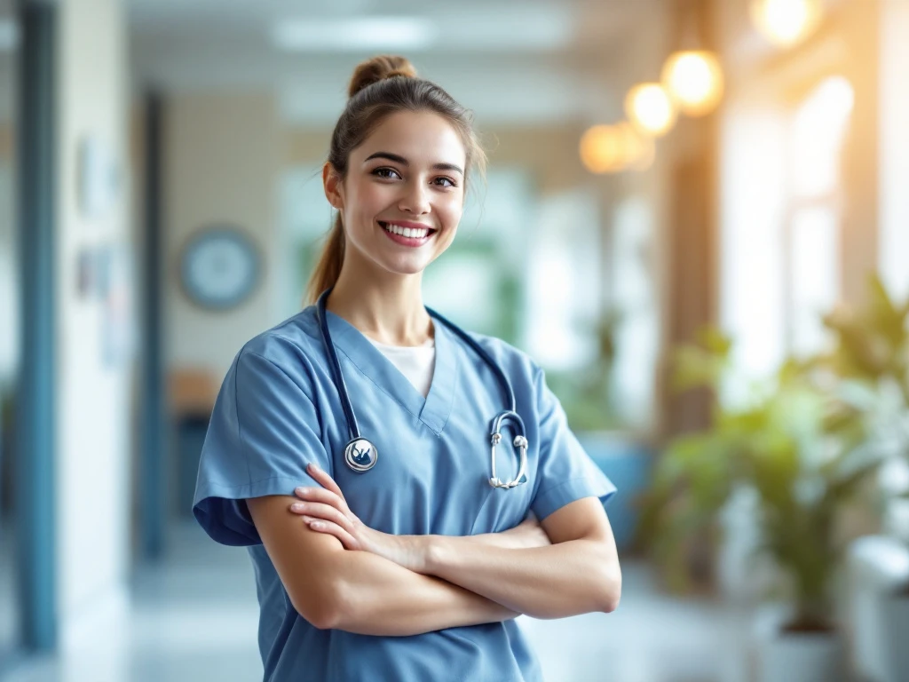 Vrolijke jonge zorgmedewerker in ziekenhuisomgeving, met symbolen van flexibiliteit en groei, in frisse, professionele sfeer.