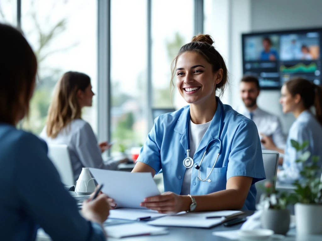 Enthousiaste zorgprofessional volgt interactieve training met instructeur in lichte ruimte, Noord-Brabant op achtergrond.