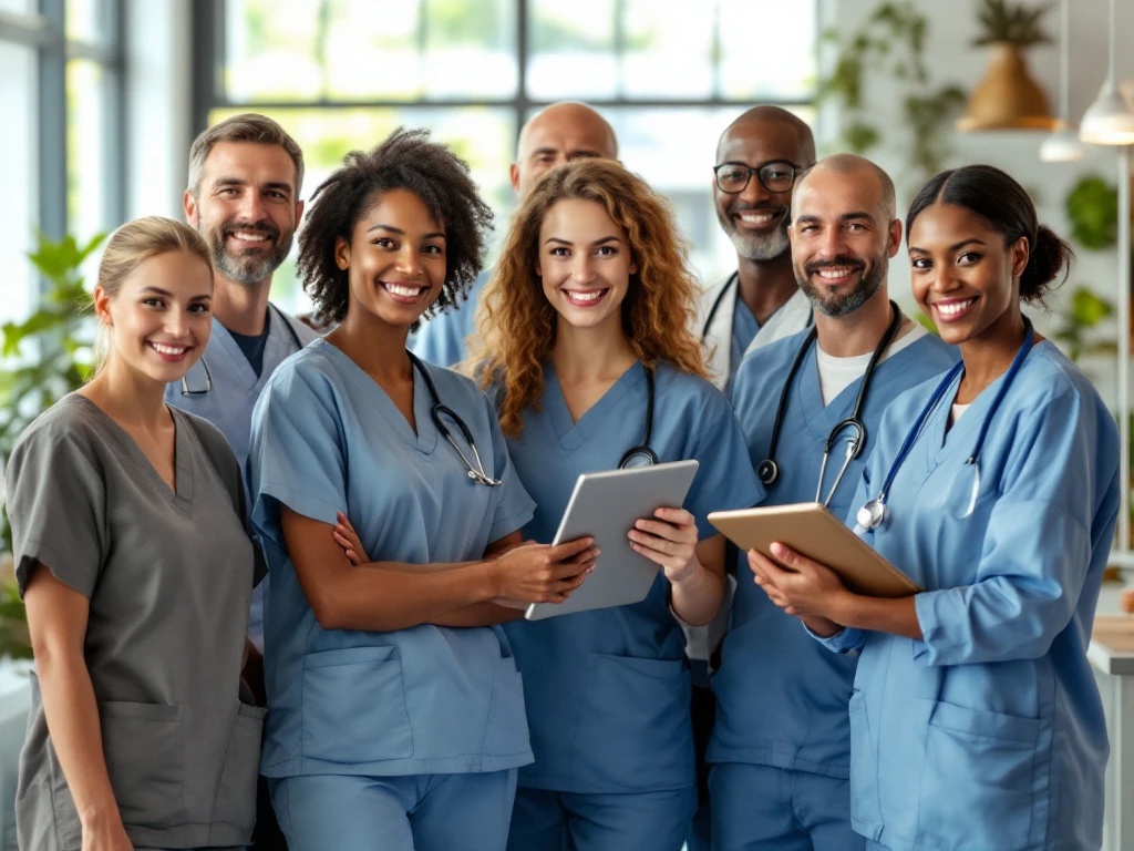 Groep diverse zorgprofessionals glimlacht samen zelfverzekerd in moderne Gelderse zorgomgeving, symbool voor groei bij Aethon.