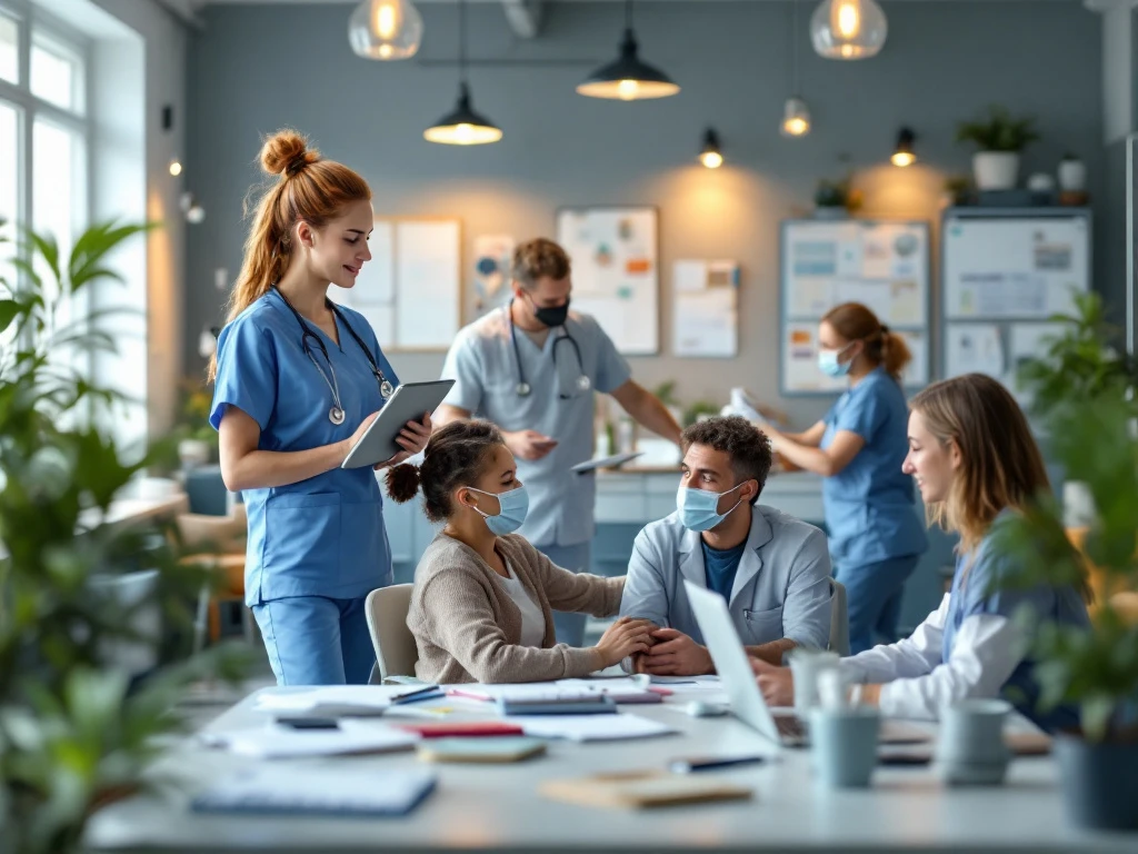 Zorgprofessionals waaronder verpleegkundige, psycholoog, verzorger en administratief medewerker werken samen in moderne setting.
