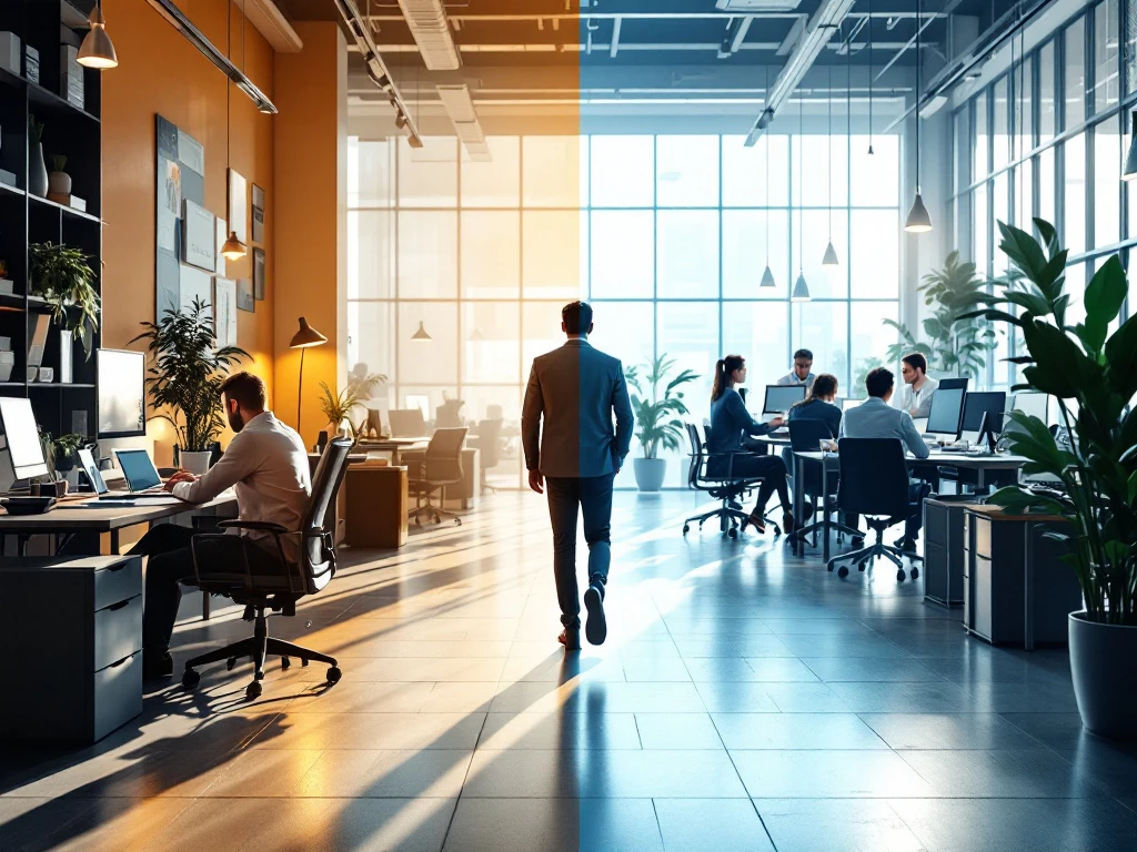 Persoon stapt zelfverzekerd van warme freelance-omgeving naar dynamische kantooromgeving, met Aethon-kleuren blauw en oranje.