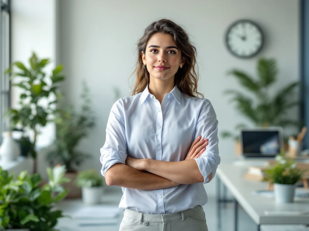 Jonge professional staat op kruispunt tussen ZZP en uitzendcontract, omringd door laptop, documenten en klok.