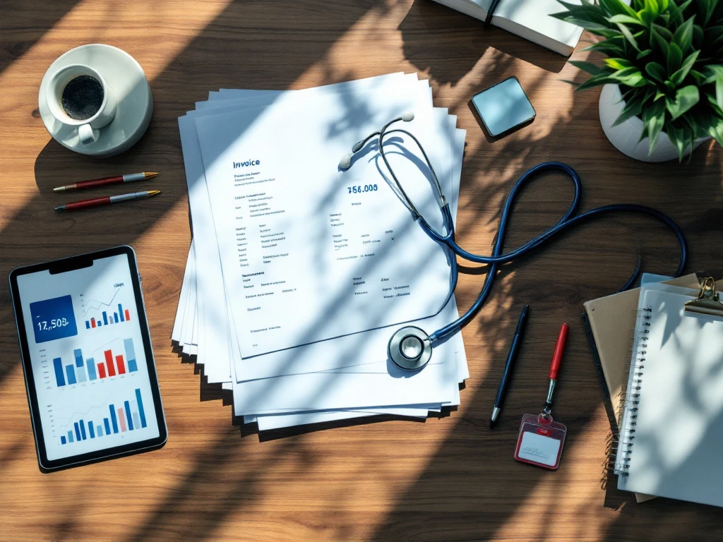 Georganiseerd bureau van zorgprofessional met stethoscoop, facturen, tablet met financiële software en medische ID-badge in professionele opstelling.