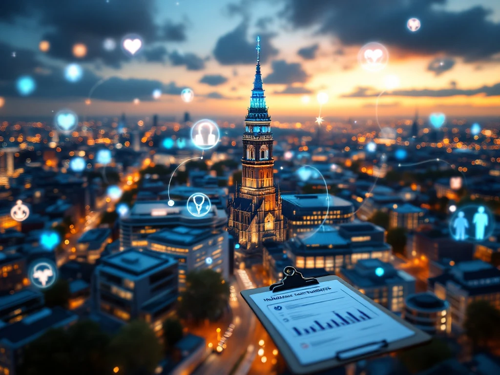 Domtoren van Utrecht rijzend boven zorgfaciliteiten tijdens golden hour, met medische symbolen en personeelsoverzicht voor de zorg