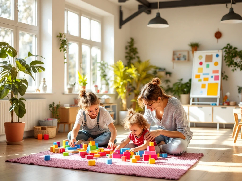 Volwassen handen begeleiden een kind bij creatieve activiteit met kleurrijke blokken in een licht, modern kinderdagverblijf met educatief speelgoed en kindertekeningen op het prikbord.