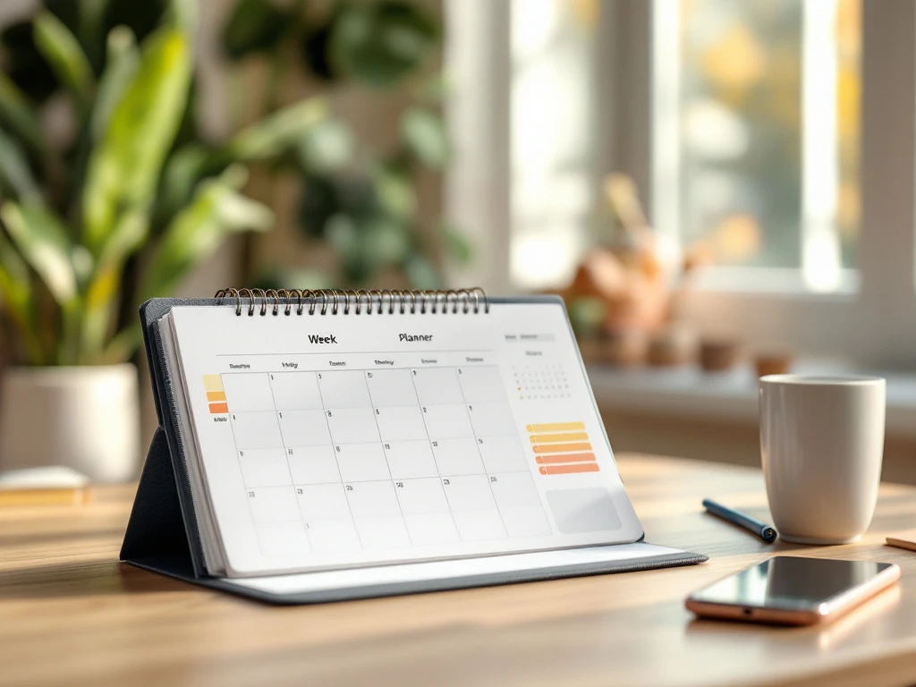 Professionele planning in kinderdagverblijf met weekrooster in planner en app op smartphone, in een warme, zonnige speelruimte.