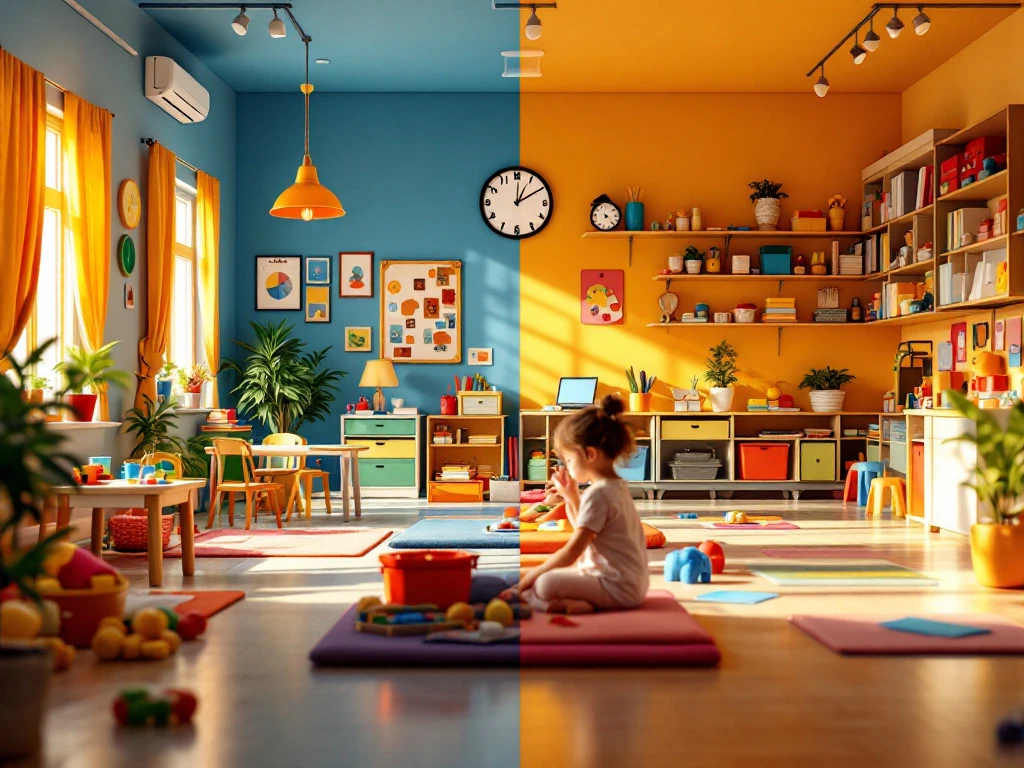 Contrasterende professionele kinderopvang: kleurrijke dagopvang voor peuters links, naschoolse opvang met huiswerk- en sportfaciliteiten rechts.