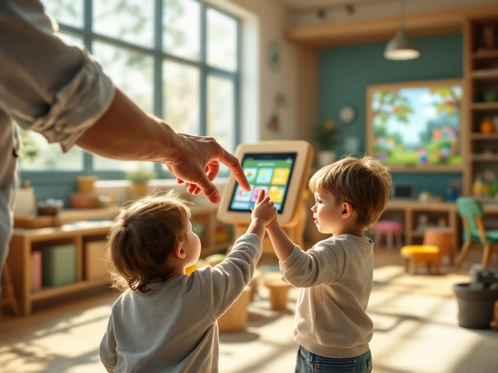 Professional begeleidt kind bij interactief touchscreen in moderne, eco-vriendelijke kinderopvang met natuurlijke materialen en slimme technologie in een lichte leeromgeving.