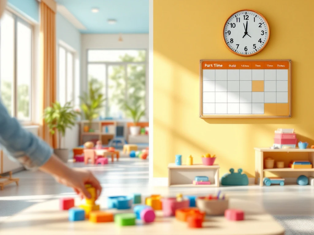 Moderne kinderopvang met kleurrijk klaslokaal, speelgoed op kindertafel, wandklok met deeltijduren 9:00-14:00 en flexibel roosterbord in warm zonlicht.