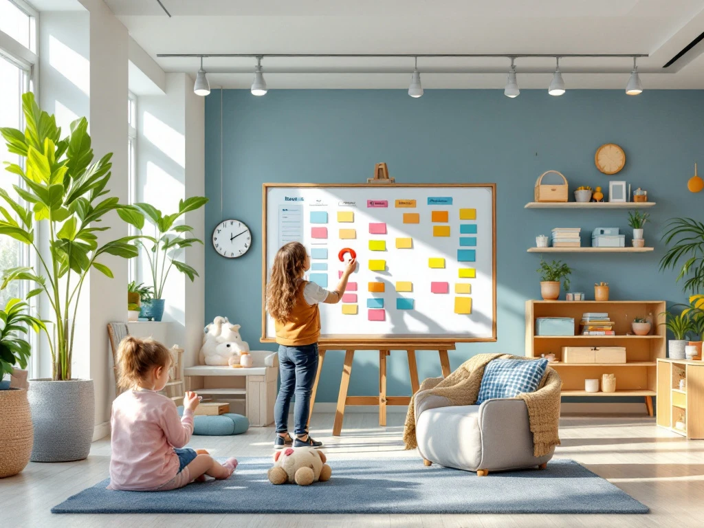 Interactief planbord met flexibele werkroosters in lichte kinderopvangruimte waar medewerker planning aanpast in zonnige omgeving.