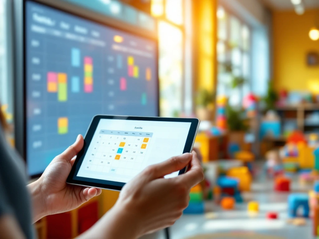 Moderne kinderopvangfaciliteit met digitaal planningsbord, medewerker gebruikt personeelsapp op tablet, en kleurrijke speelruimte die flexibel werk symboliseert.