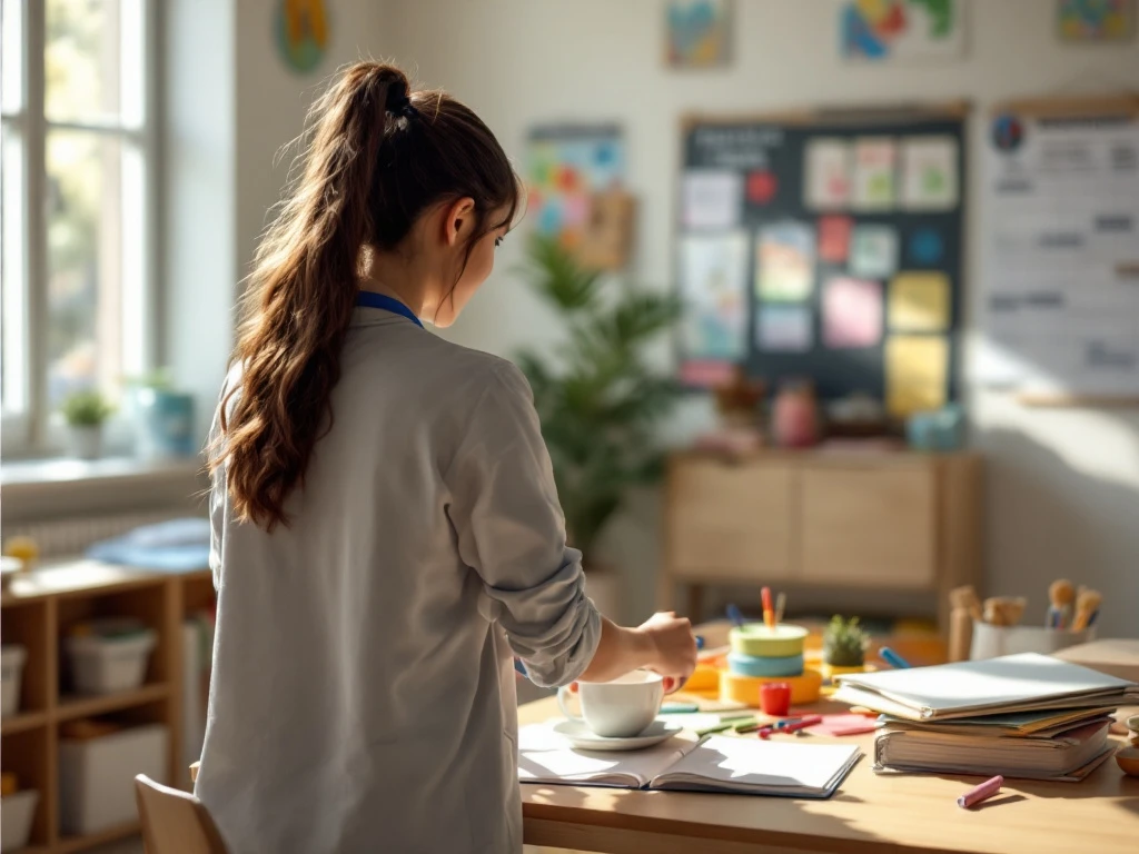 Kinderopvangprofessional met Aethon-lanyard schikt materialen in lichte klaslokaal met kinderkunst, flexibel uurrooster en professionele ontwikkelingsmaterialen.