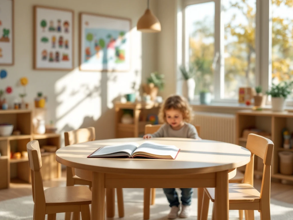 Professioneel ingerichte klaslokaal in kinderopvangcentrum met speelhoek, studiemateriaal over pedagogiek, diploma en educatieve materialen in een warme, zonverlichte omgeving.