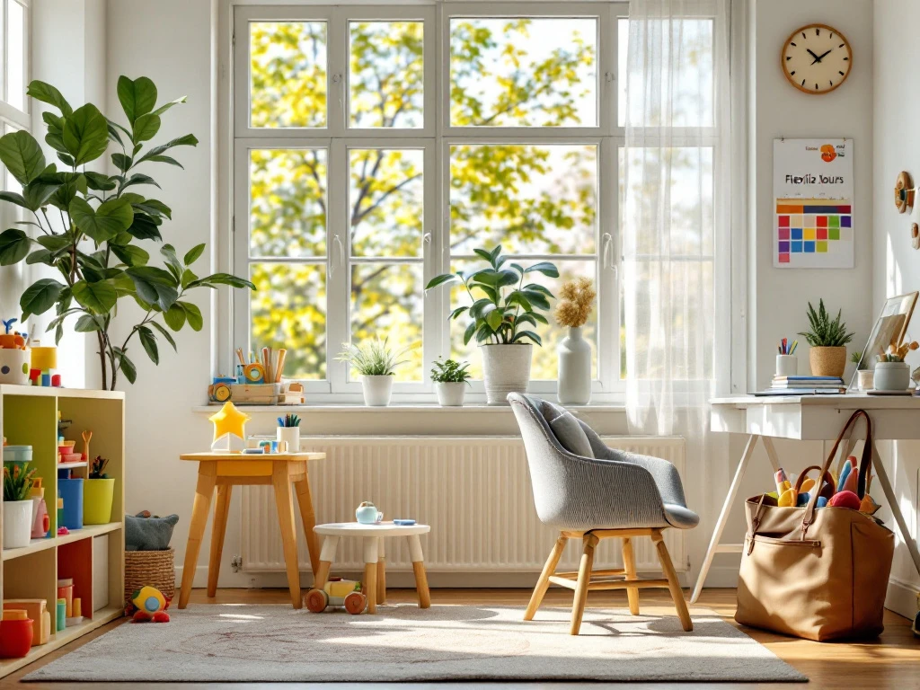 Moderne kinderopvangruimte met geïntegreerde thuiswerkplek, natuurlijk licht, flexibele uurregeling en naadloze werk-privébalans.