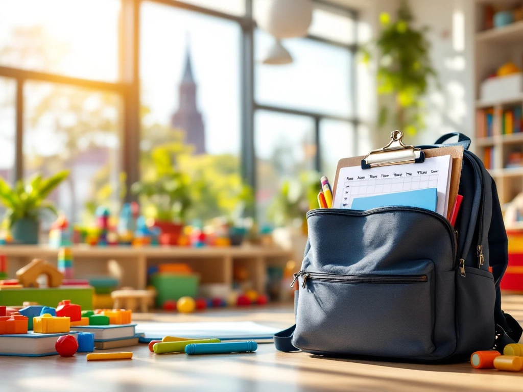 Moderne kinderopvang in Utrecht met kleurrijk speelgoed, zicht op de Domtoren, werkschema op klembord en professionele materialen in een tas.