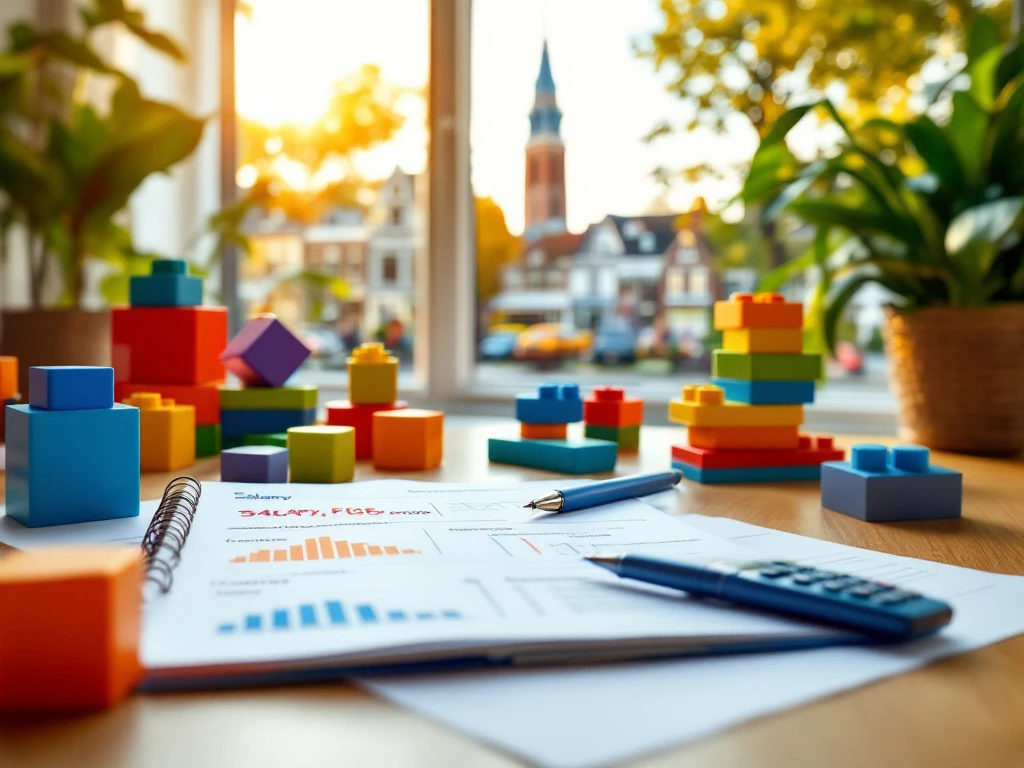 Professionele kinderopvangomgeving in Utrecht met salarisgegevens en carrièregrafiek naast educatief speelgoed, met zicht op de Domtoren door het raam.