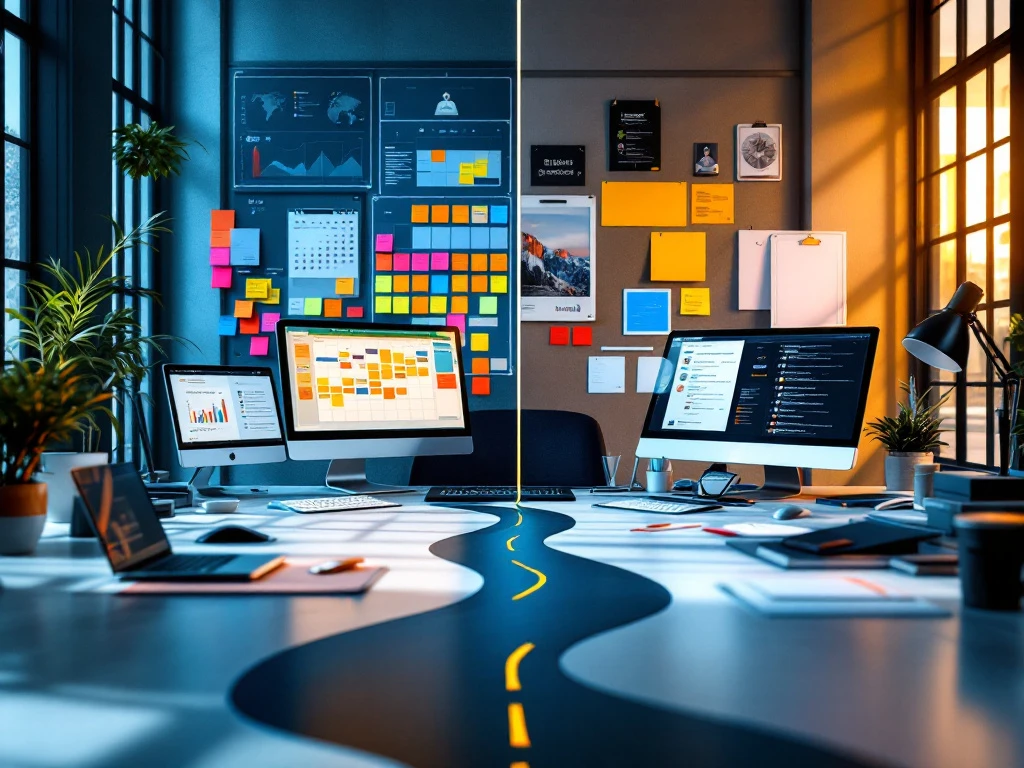 Professioneel bureau met twee contrasterende werkplekken: links flexibel met diverse apparaten, rechts traditioneel. Een wegvork symboliseert carrièrekeuze in blauw-oranje tinten.