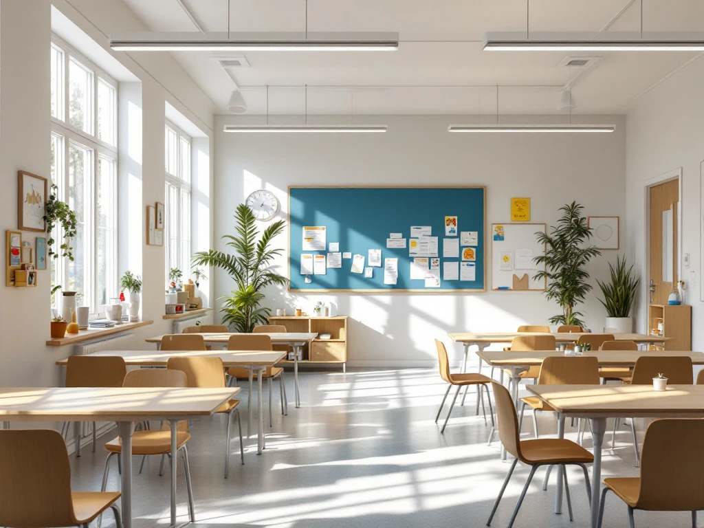 Licht en ruim speciaal onderwijs klaslokaal met bureau vol leermaterialen, pictogrammen voor dagstructuur, en aangepaste werkplekken in warm zonlicht.