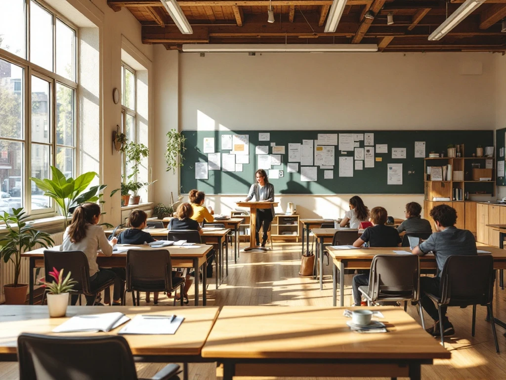 Klaslokaal speciaal onderwijs met leeg bureau vol administratie. Zonlicht valt op aangepaste leeromgeving met speciale hulpmiddelen.