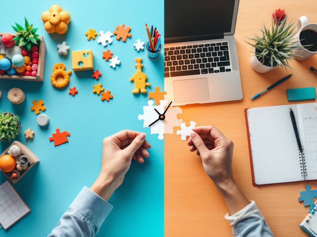 Gesplitst werkruimte met naschoolse opvang en kantoorbureau, verbonden door handen die puzzelstukjes rangschikken, symboliseert werk-privébalans.