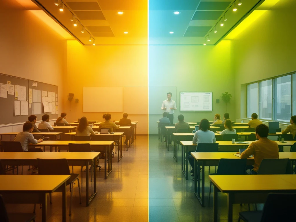 Balansweegschaal toont zwaardere werkdruk in speciaal onderwijs vergeleken met regulier onderwijs, gevisualiseerd door contrasten en paperwerk.