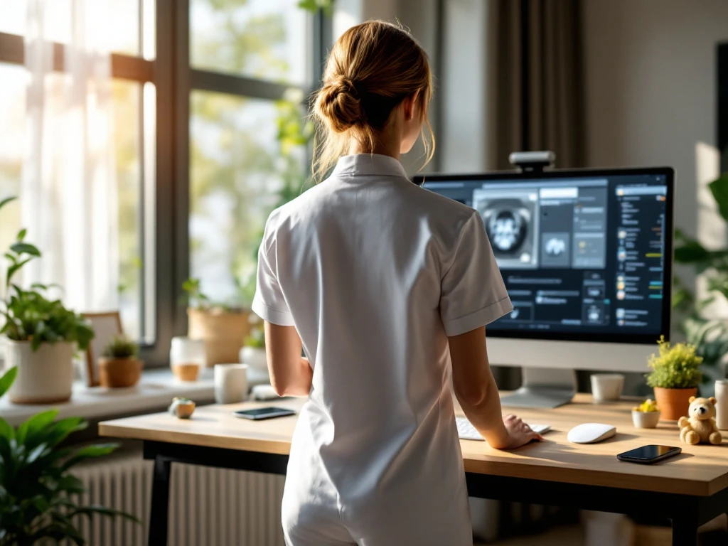 Zorgmedewerker bij moderne werkplek met digitale planning, medische attributen en kinderopvangmaterialen. Zonlicht creëert warme sfeer, symboliseert werk-privébalans.