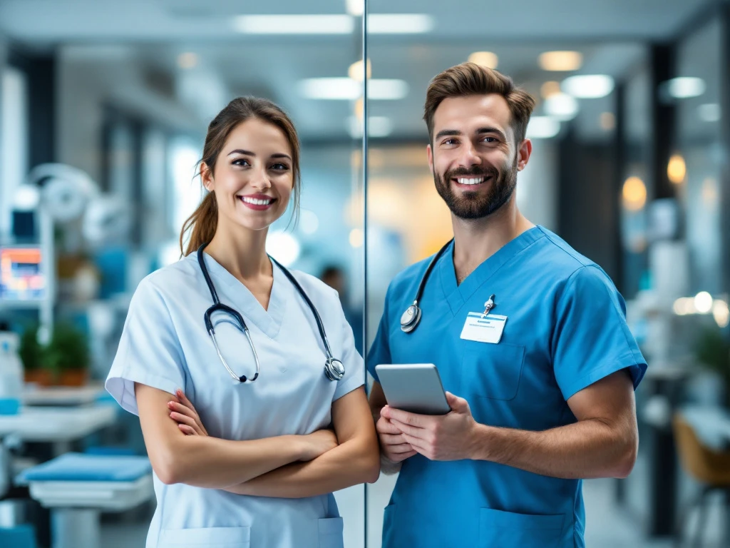Twee zorgprofessionals naast elkaar: links verpleegkundige in uniform, rechts ZZP'er met tablet, moderne ziekenhuisomgeving.