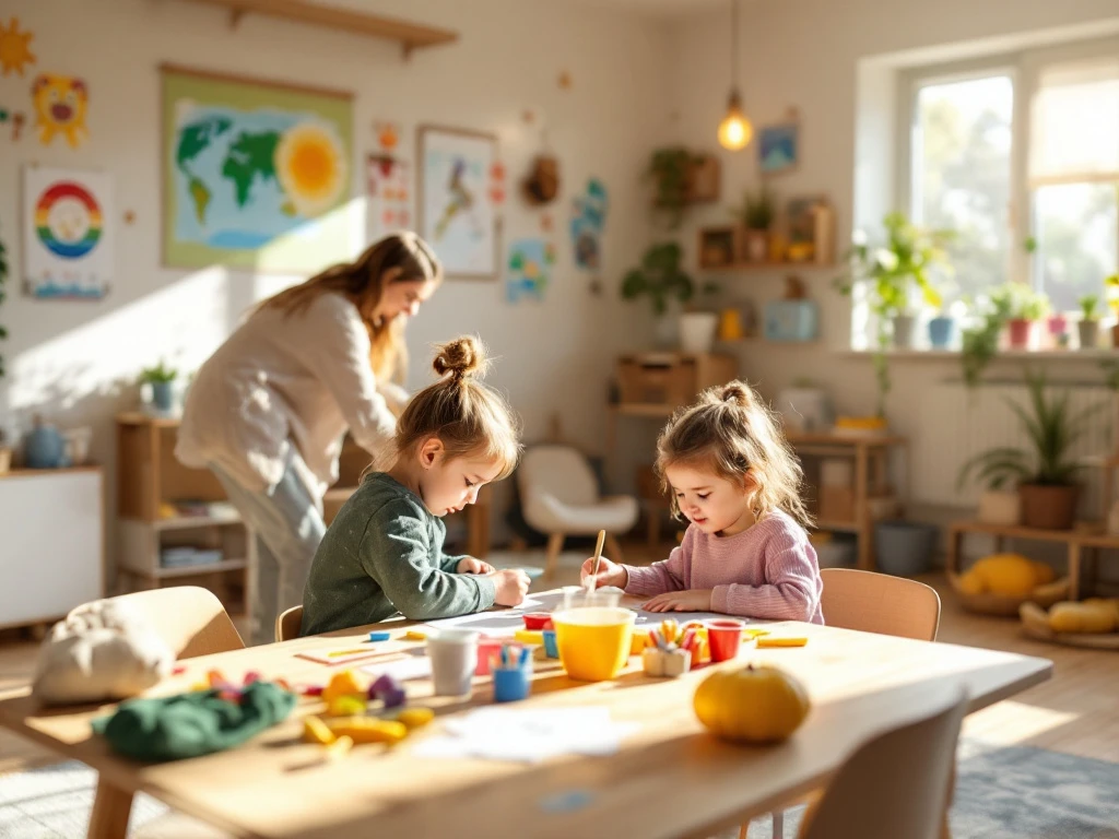 Pedagogisch medewerker helpt kind met creatieve activiteit in zonnig BSO-klaslokaal met kinderkunst aan de muren en knutselmaterialen op tafel.