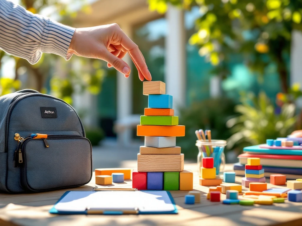 Kinderhand plaatst houten blok op educatieve structuur in zonnige buitenklas bij kinderdagverblijf, omringd door professionele leermaterialen in zomerse sfeer.