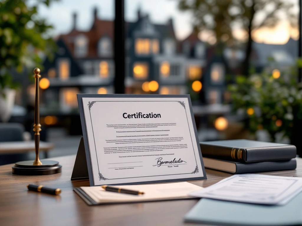 Professionele werkplek bij Burgerlijke Stand met certificeringsdocument, wetboek en gemeentestempel. Mappen met geboorte- en huwelijksakten op bureau, gemeentehuis zichtbaar op achtergrond.