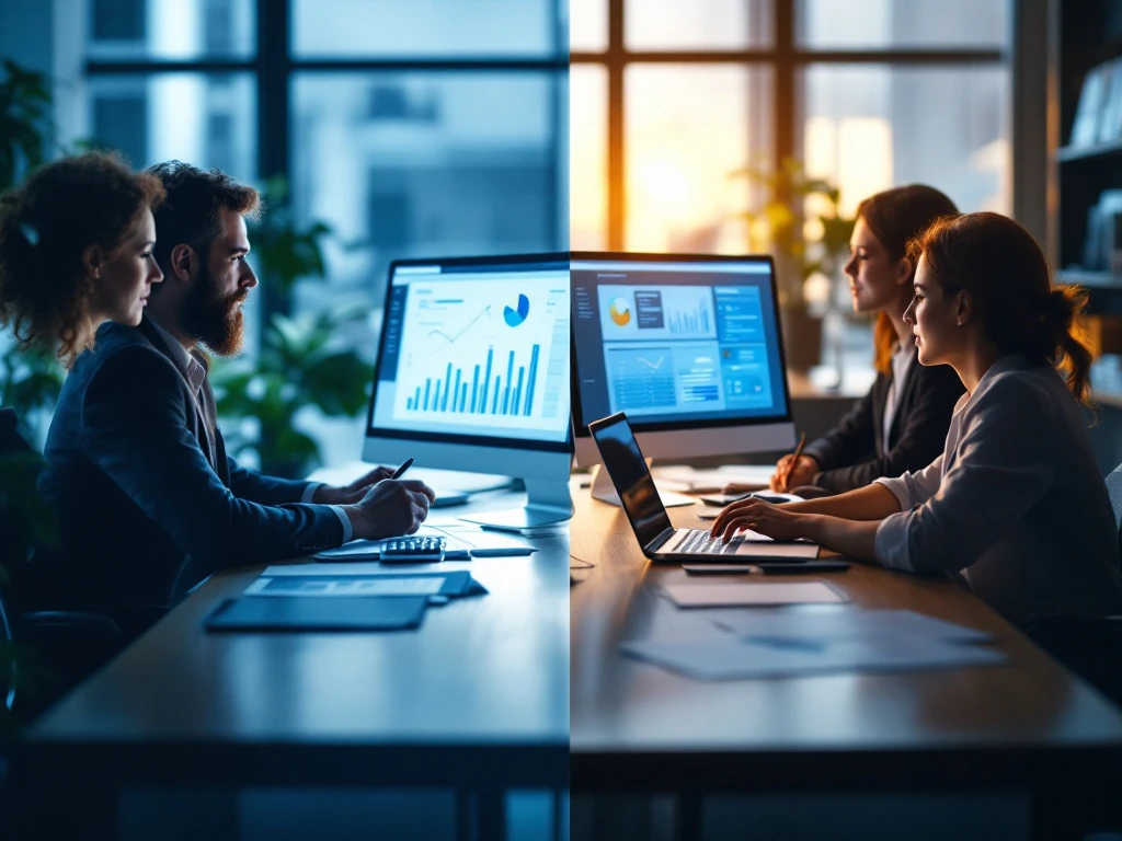 Contrast tussen Financial Controller (financiële rapporten, grafieken) en Business Controller (strategiedocumenten, dashboards) in professionele setting.