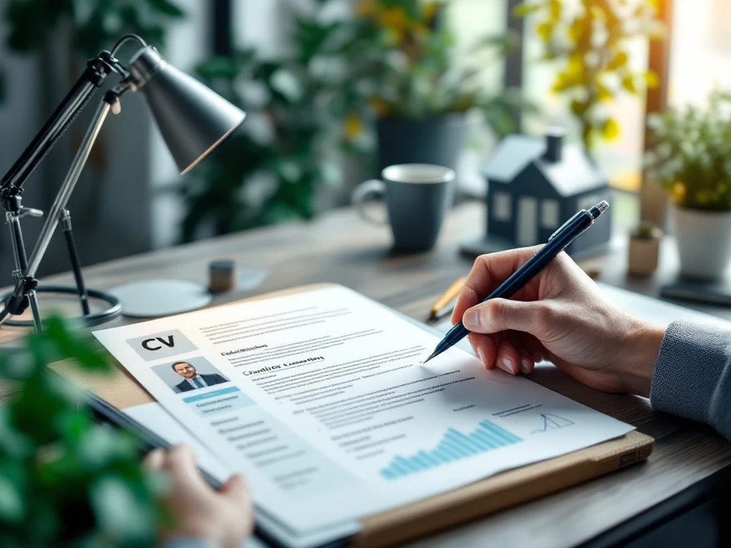 Professionele werkplek met half-voltooide CV en publieke sector symbolen: stethoscoop, klaslokaal, overheidsgebouw en huismodel, terwijl een hand nieuwe vaardigheden noteert.