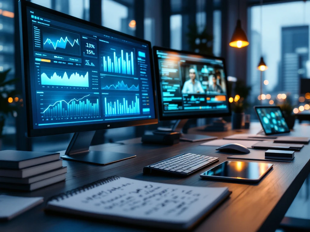 Moderne financiële werkplek met dubbele monitoren die stijgende grafieken tonen, notities en vakliteratuur in een licht kantoor met uitzicht op zakendistrict.