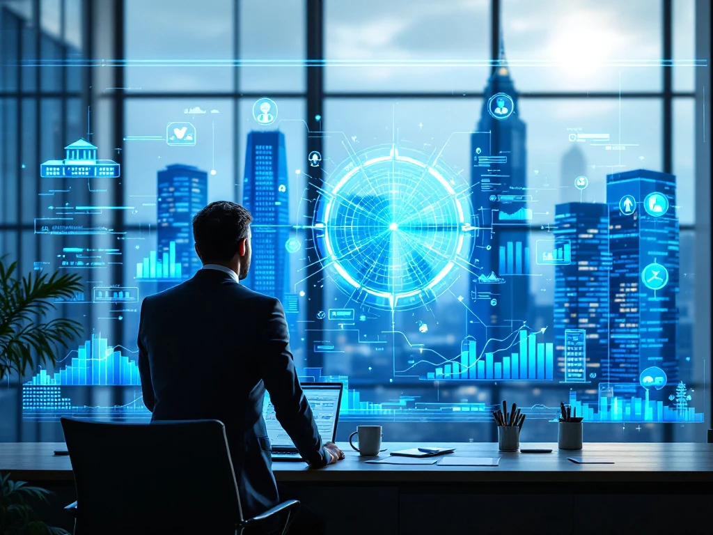 Persoon voor geavanceerd holografisch financieel dashboard in modern kantoor met digitale grafieken en sectoren verbonden door lichtlijnen in blauwtinten.